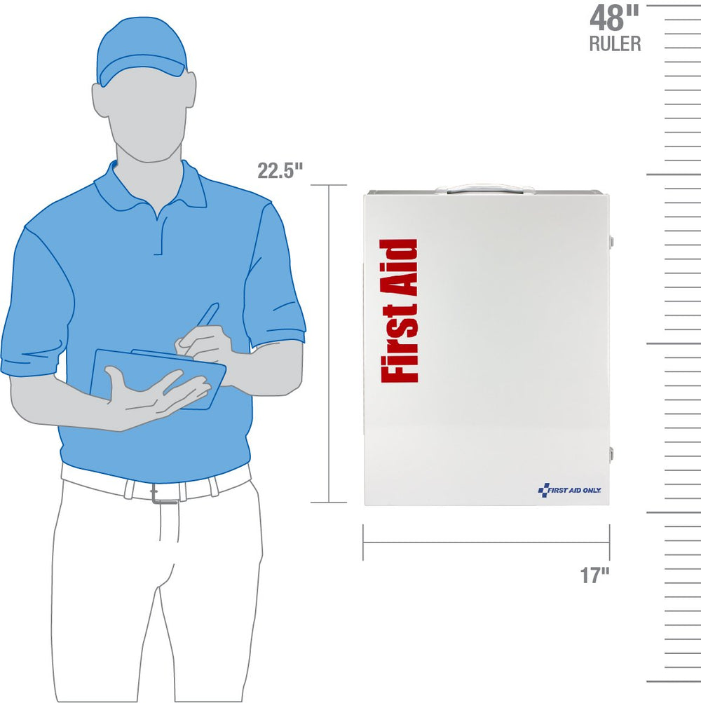 First Aid Only 150-Person XL steel cabinet close-up highlights durable construction.