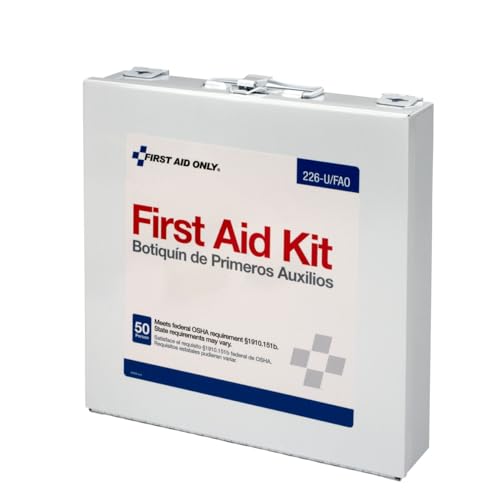 Wall mountable metal case from First Aid Only 226-U in an office or workshop