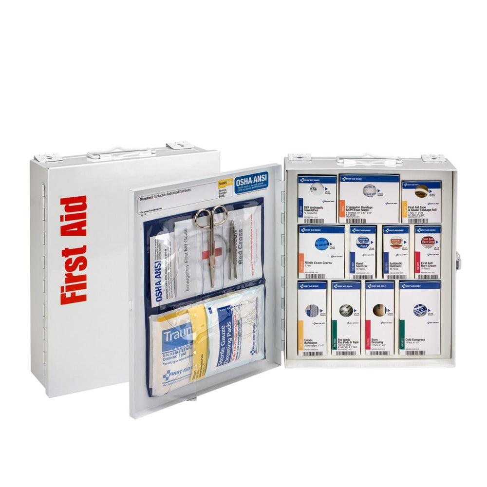 First Aid Only 25-Person SmartCompliance cabinet front view with organized compartments for quick access.