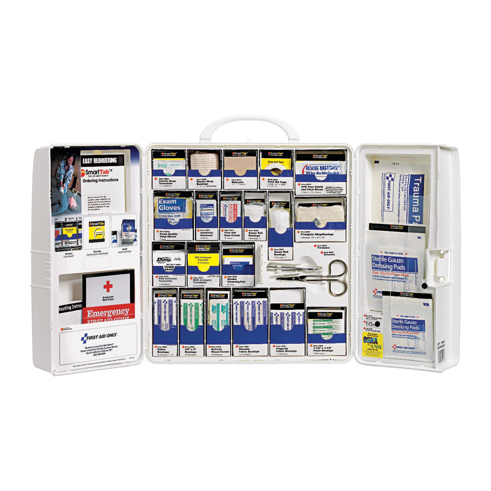 First Aid Only 50-person cabinet with carrying-handle enables easy transport between sites.