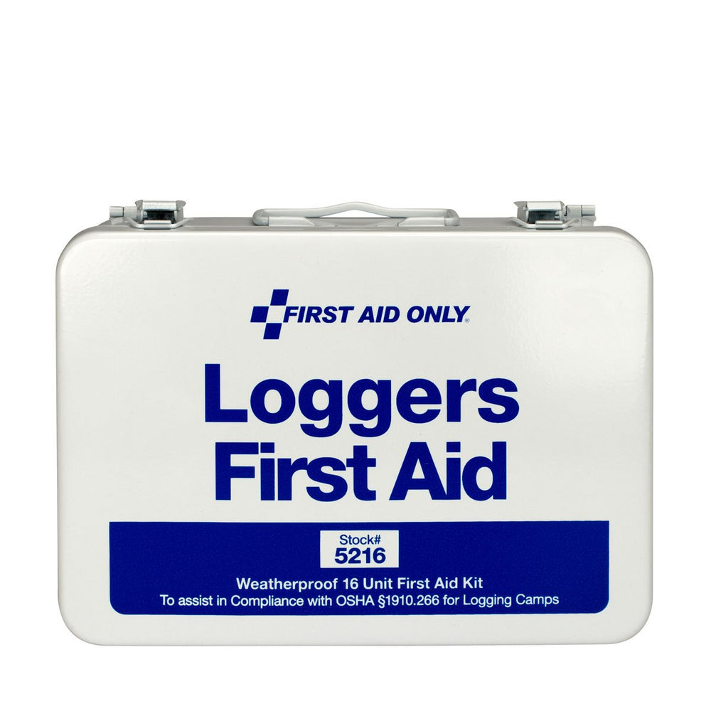 First Aid Only 5216 forestry kit in a weatherproof metal case for quick access on job sites.