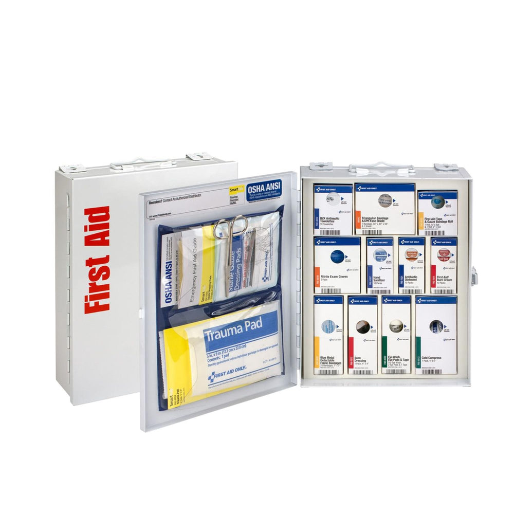 First Aid Only 90658 metal cabinet with handle, easy wall mounting and quick access to supplies.