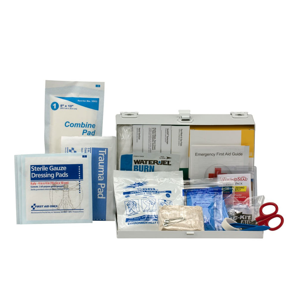 First Aid Only 90670 gloves, scissors, and tweezers for safe handling.
