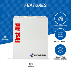 First Aid Only durable steel cabinet with easy-carry handle for portability.
