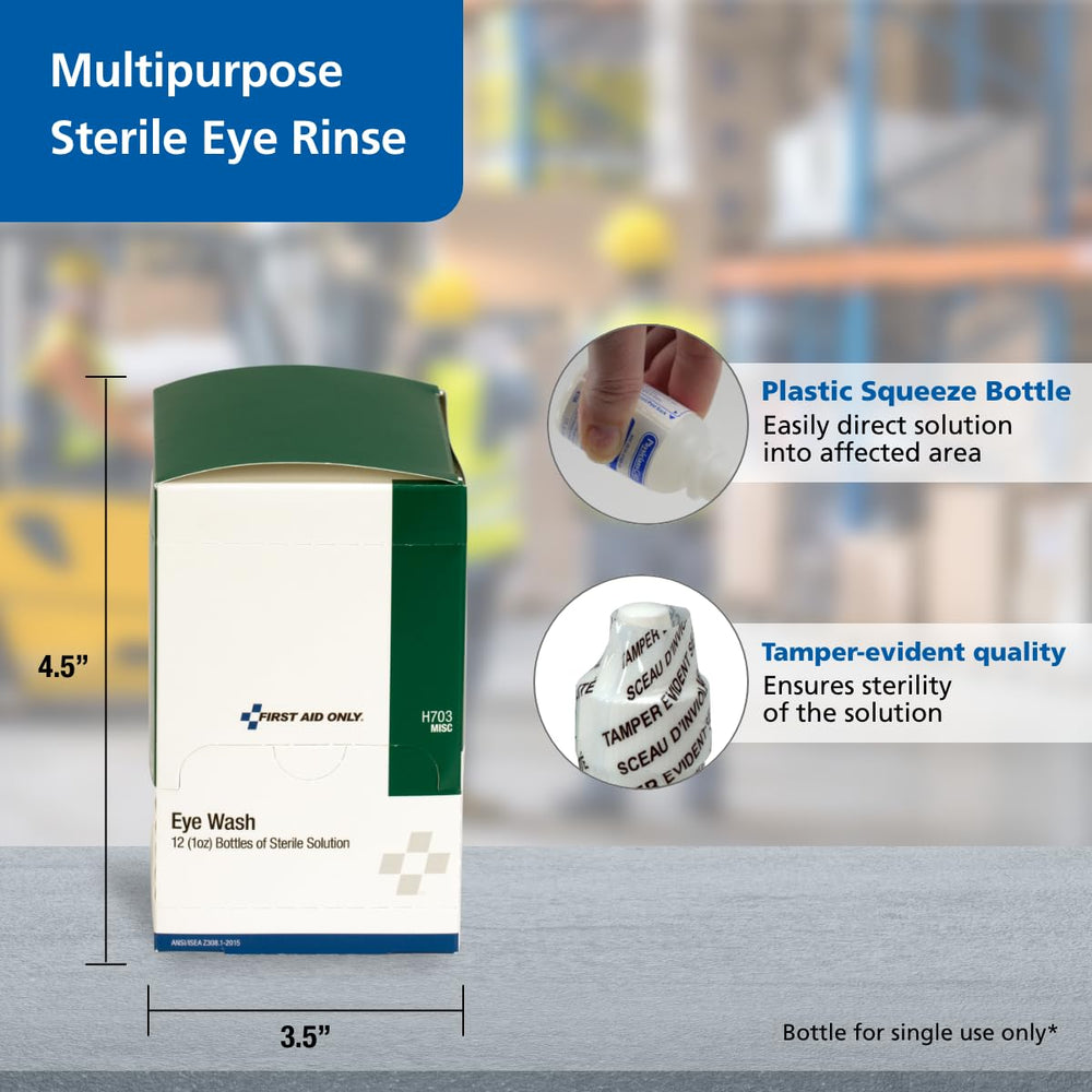 First Aid Only Eye Wash sterile solution for irrigation and debris removal.
