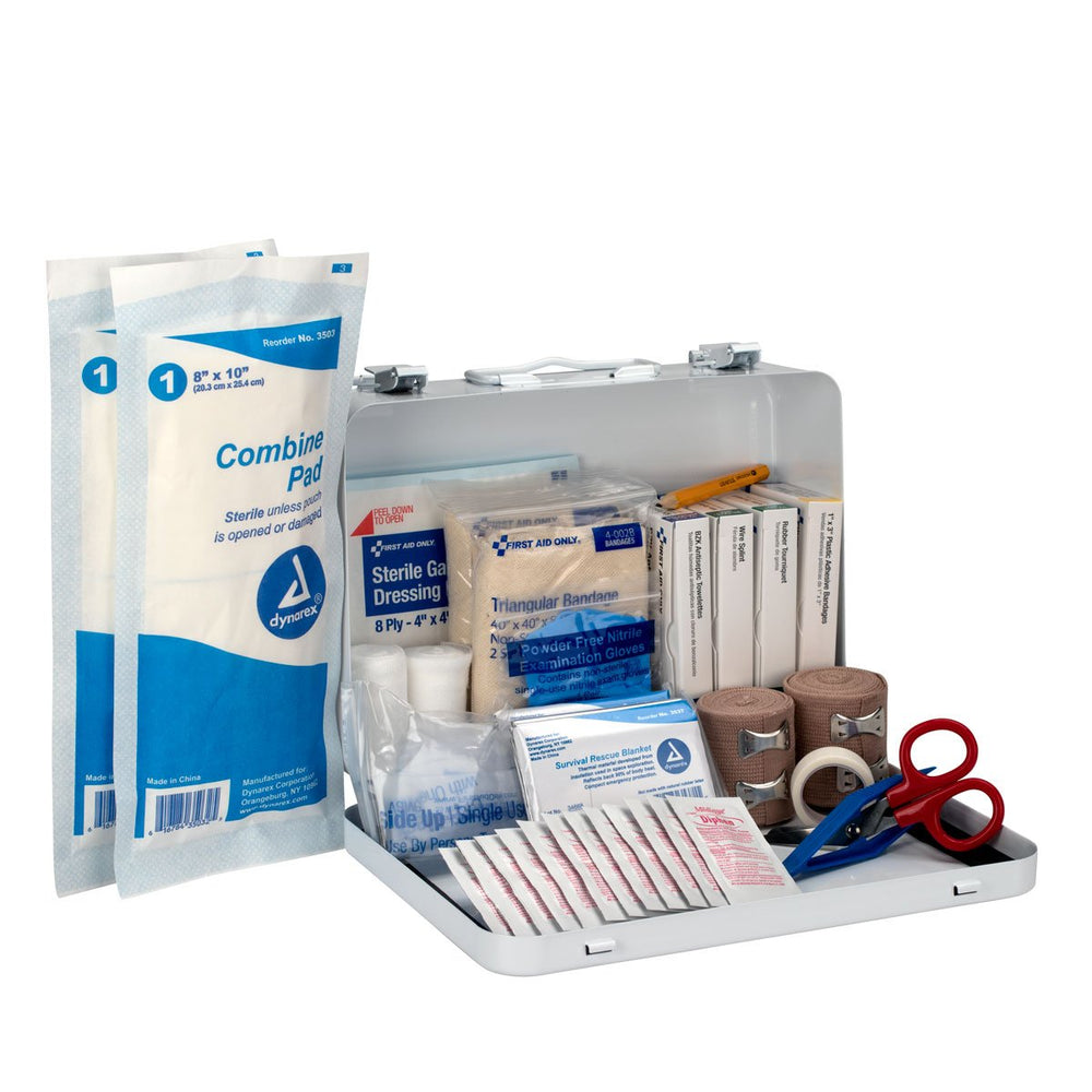 First Aid Only triangular bandage and gauze supplies for improvised splints on site.