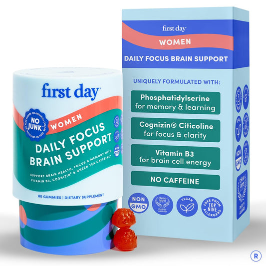FIRST DAY Brain Gummies bottle front with peach flavor for day-long focus support.