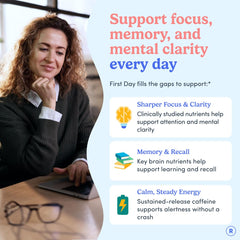 FIRST DAY Brain Gummies bottle side highlights clean ingredients and non-GMO for steady energy.