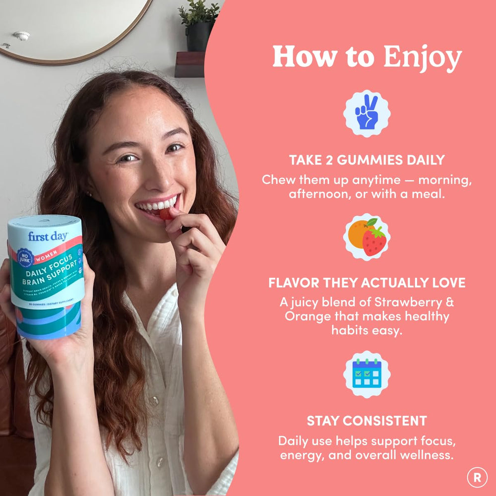 FIRST DAY Brain Gummies natural peach flavor visual suggests delicious, naturally flavored energy support.
