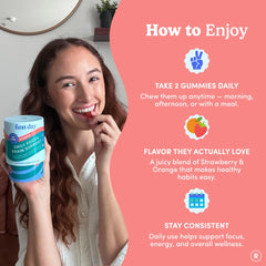 FIRST DAY Brain Gummies natural peach flavor visual suggests delicious, naturally flavored energy support.