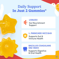 First Day Kids 3-in-1 probiotic gummies demonstrate digestive support in a tasty format.