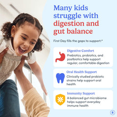 First Day Kids 3-in-1 probiotic gummies close-up highlights Livaux prebiotic and SNZ 1969.