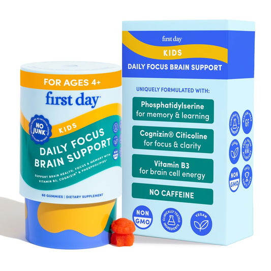 FIRST DAY Kids Focus Gummies pack for daily kid brain support with a tasty routine.