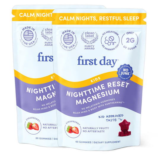 First Day Magnesium for Kids Gummies bottle front with strawberry flavor for better bedtime routine.