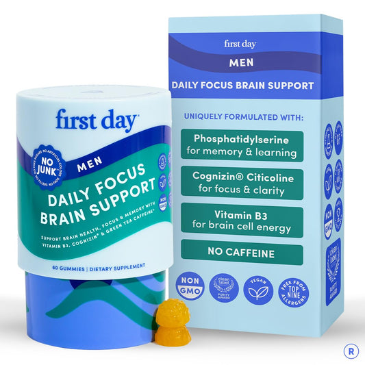 FIRST DAY Men’s daily nootropic bottle with gummies for steady focus.