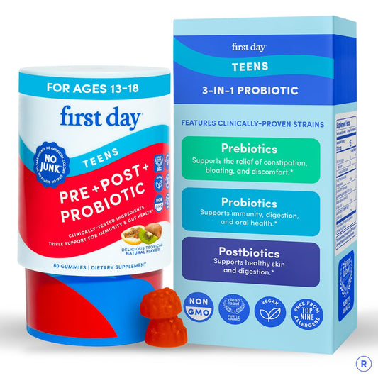 FIRST DAY Teens bottle pour for easy daily probiotic routine.