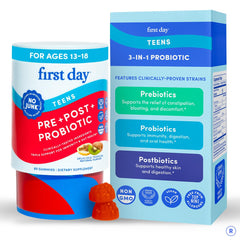 FIRST DAY Teens bottle pour for easy daily probiotic routine.