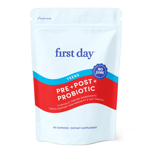 First Day Teens' Gut Sustainer Gummies bottle shown, a convenient daily prebiotic-probiotic-postbiotic option.