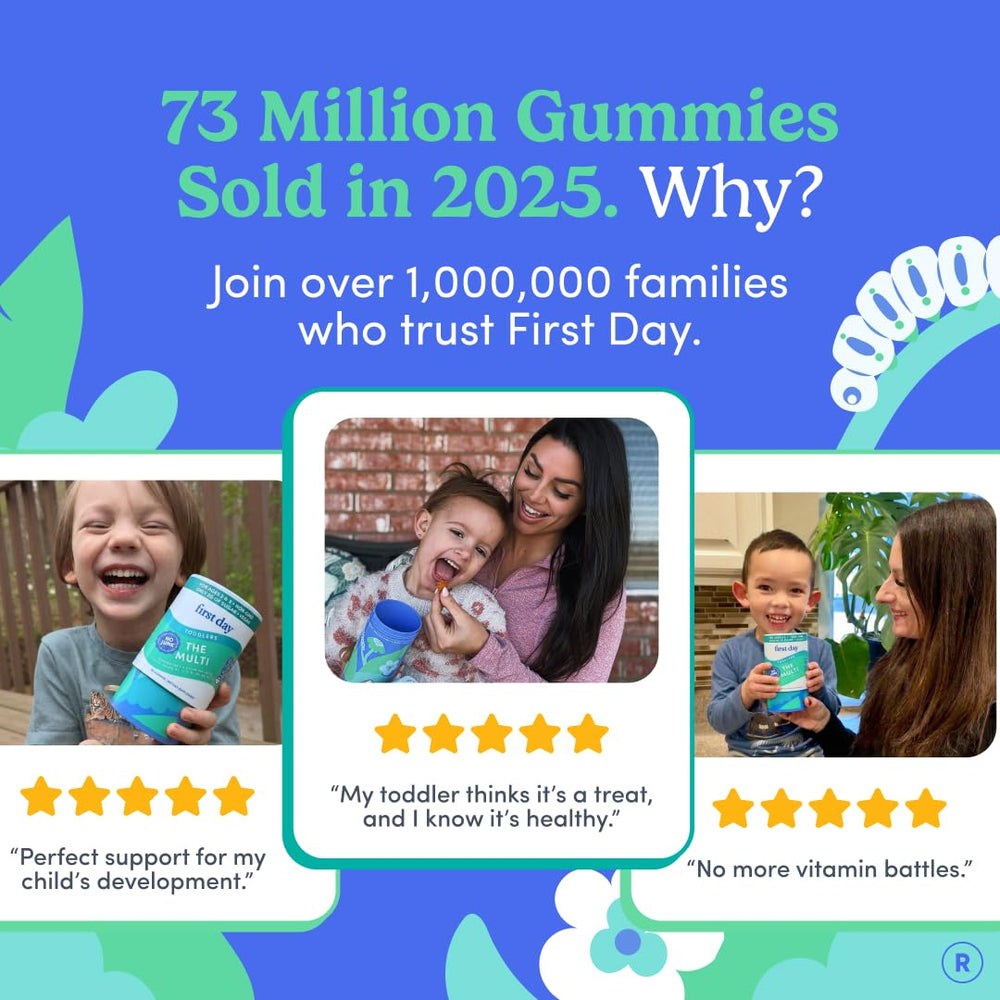 First Day Toddler Multivitamin Gummies safety testing badge communicates trusted safety.