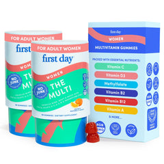 FIRST DAY women's multivitamin bottle shown for daily energy and vitality.