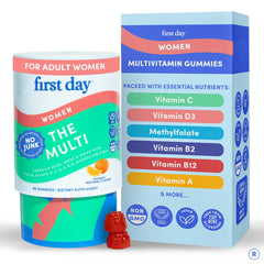 First Day Women's Multivitamin gummies in a bottle support daily energy and vitality.