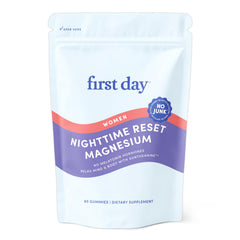 First Day Nighttime Reset gummies bottle promotes convenient sleep support for busy evenings.