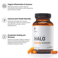 FIRST ENDURANCE Halo bottle label close-up highlighting krill oil and curcumin.