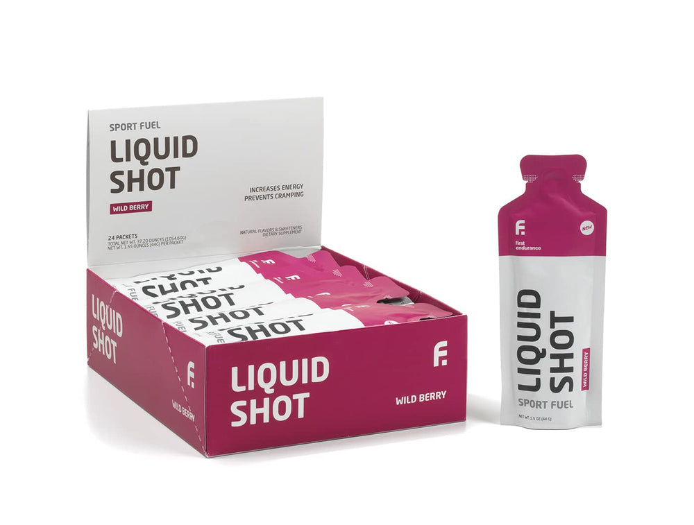 First Endurance Liquid Shot bottle being poured for instant energy during endurance workouts