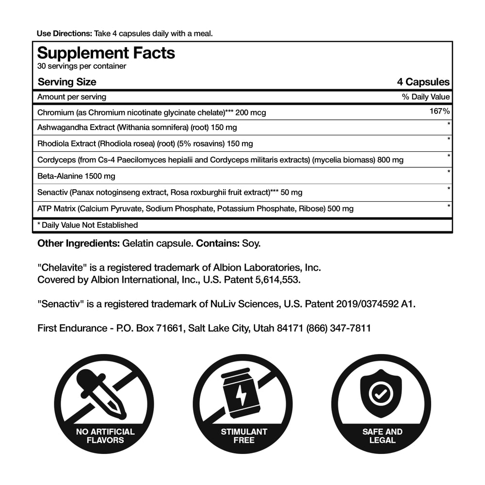 FIRST ENDURANCE OptygenHP label detail highlighting Rhodiola and Cordyceps.