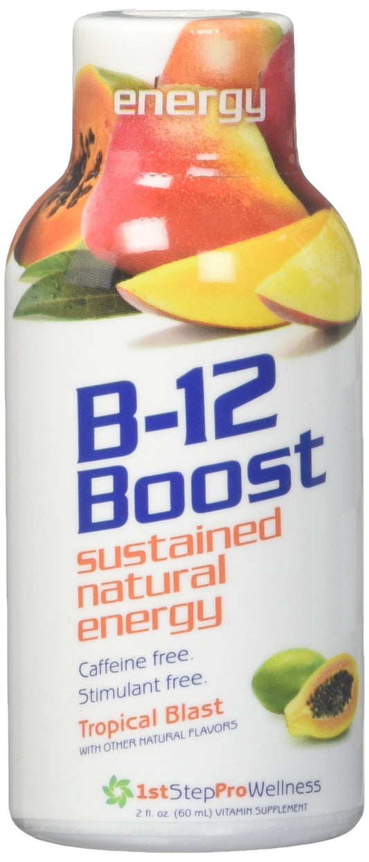 First Step for Energy B-12 Shot Tropical Blast bottle close-up highlighting label and energy support