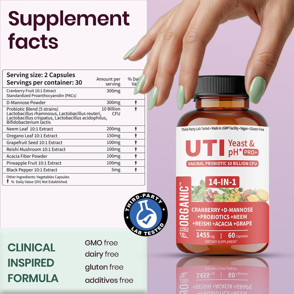 FIRSTORGANIC UTI Flora & Odor Pro+ ingredients label highlights key botanicals
