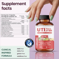 FIRSTORGANIC UTI Flora & Odor Pro+ ingredients label highlights key botanicals