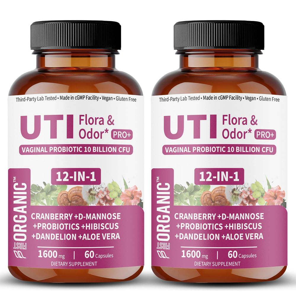 FIRSTORGANIC UTI Flora & Odor Pro+ bottle front showing daily balance support
