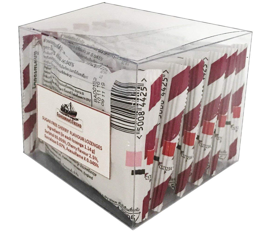 Six-pack of 25g Fisherman's Friend Cherry Sugar-Free Lozenges ready for daily use.