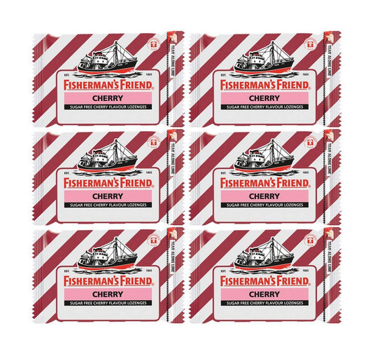 Fisherman's Friend Cherry Sugar-Free Lozenges packaging for travel convenience and quick use.
