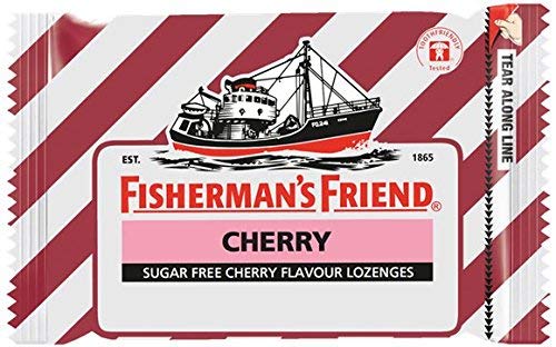 Close-up of Fisherman's Friend Cherry Sugar-Free Lozenges with clear branding for daily relief.