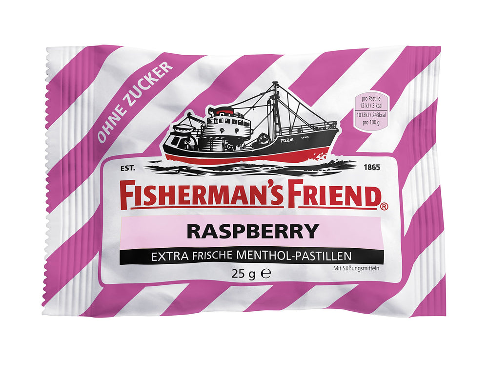 Fisherman's Friend Raspberry Sugar Free tin shot emphasizes compact travel packaging