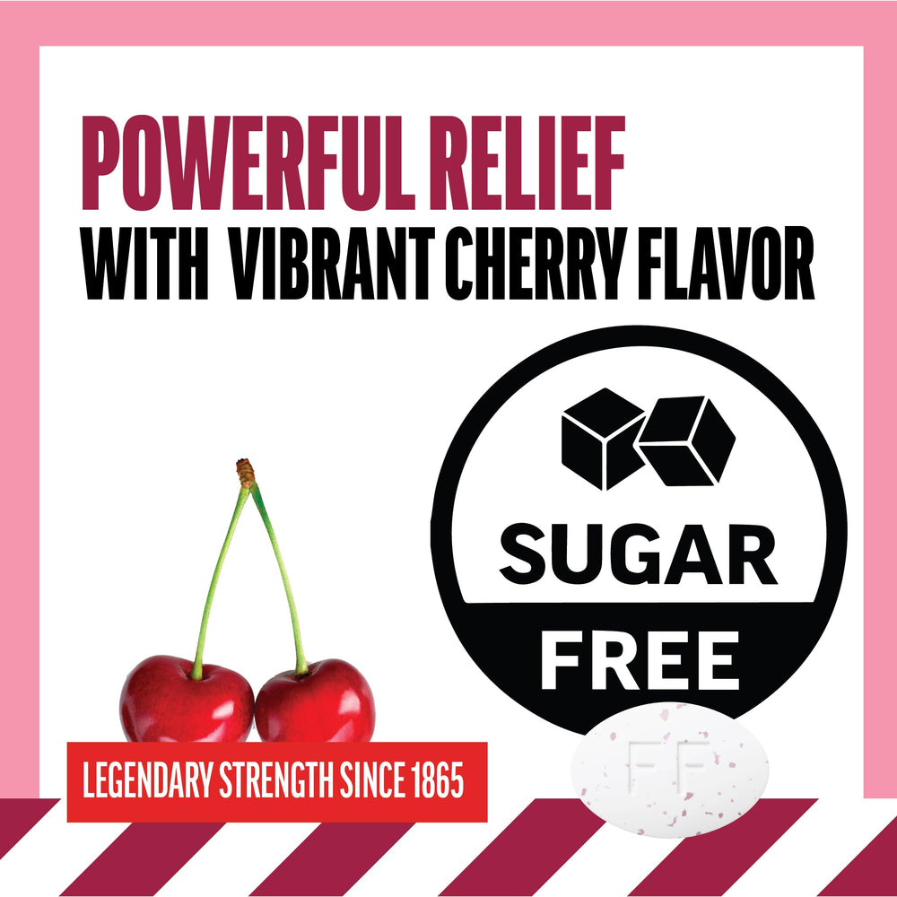 Fisherman's Friend menthol cherry relief with refreshing cooling sensation.