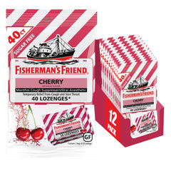 Fisherman's Friend sugar-free cherry lozenges packaging shows portability for travel and on-the-go relief.