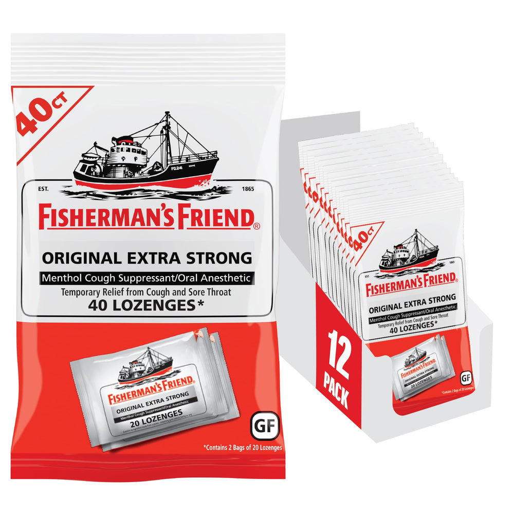 Fisherman's Friend lozenges packaging on shelf, convenient throat relief on the go.