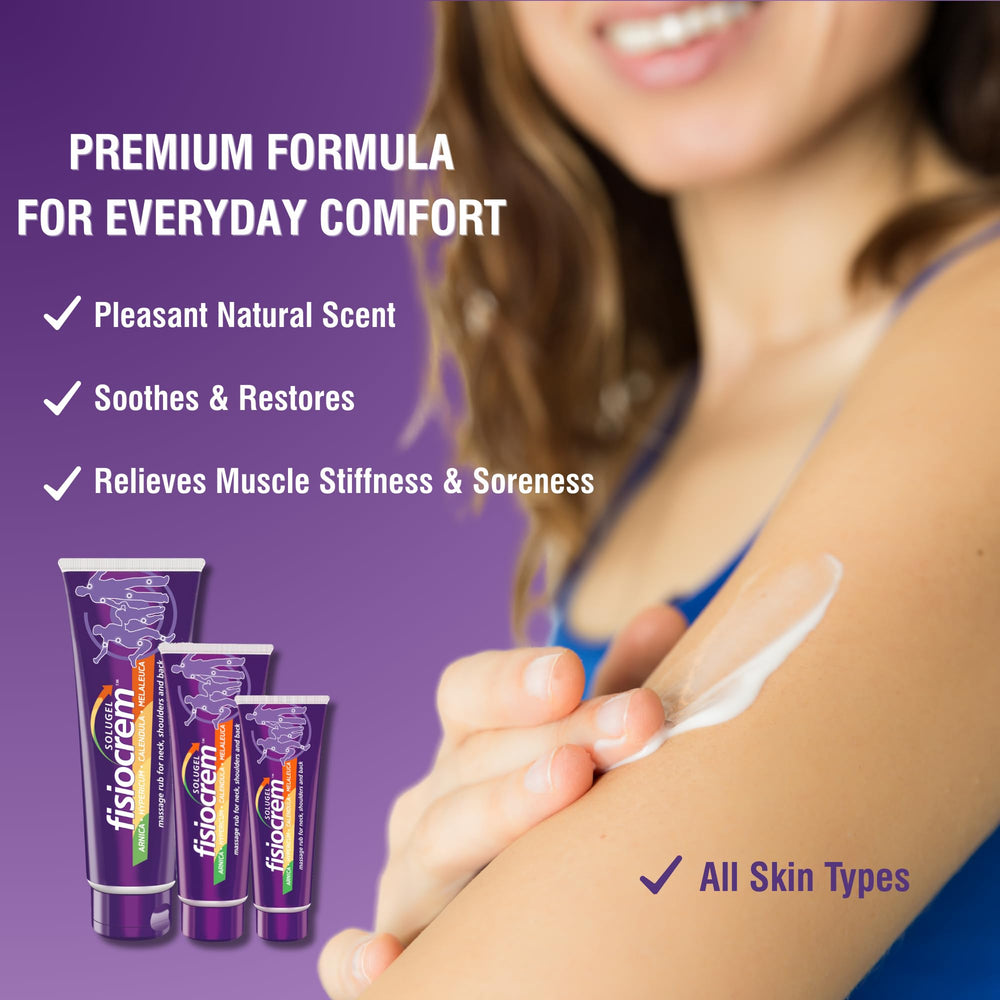 Fisiocrem Calendula soothing massage demonstrates calming daily relief for tired muscles.