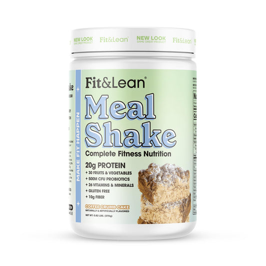 Fit & Lean Meal Shake coffee crumb cake tub showcasing convenient meal replacement
