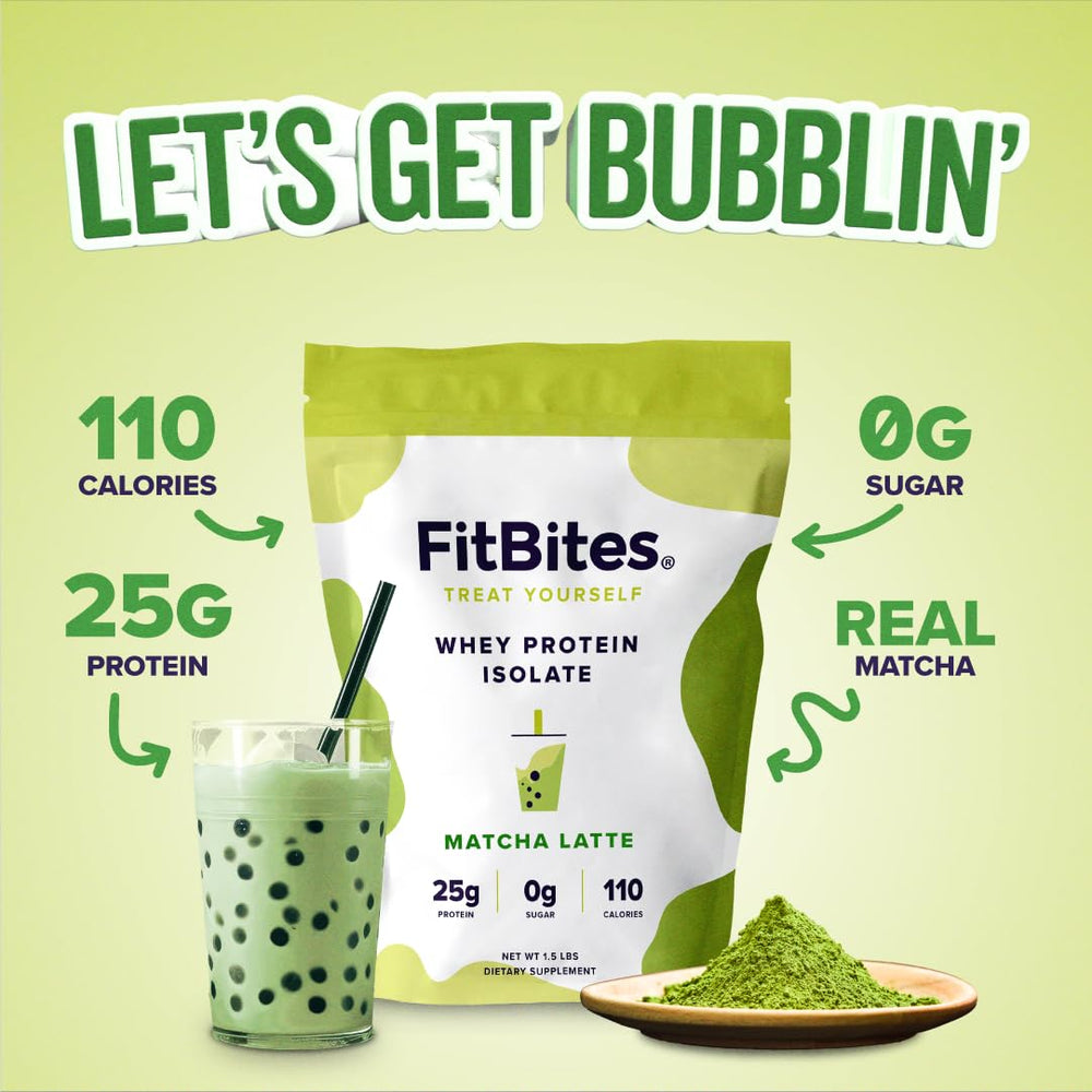 FitBites Matcha Latte whey shake blending smoothly with milk or water.