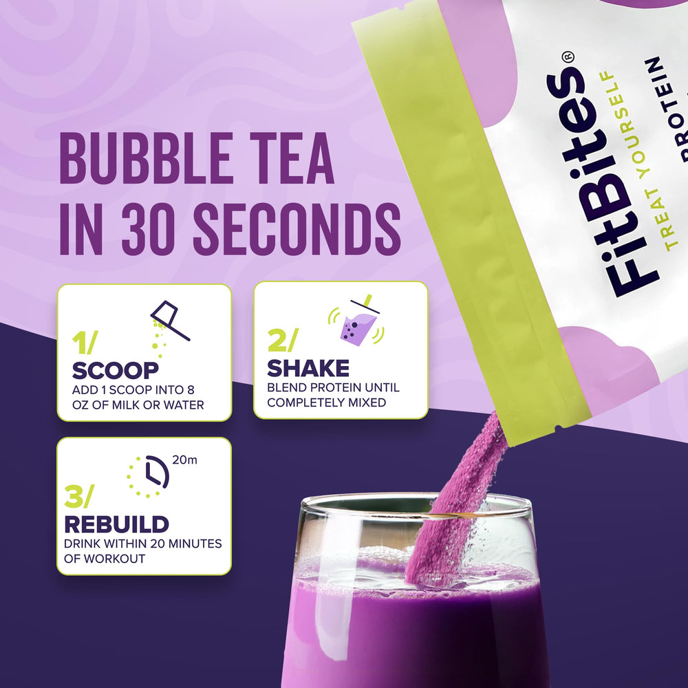 Scoop of FitBites Taro protein beside the bag, a low-calorie fueling option after training.