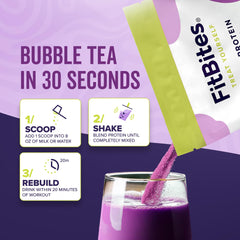 Scoop of FitBites Taro protein beside the bag, a low-calorie fueling option after training.