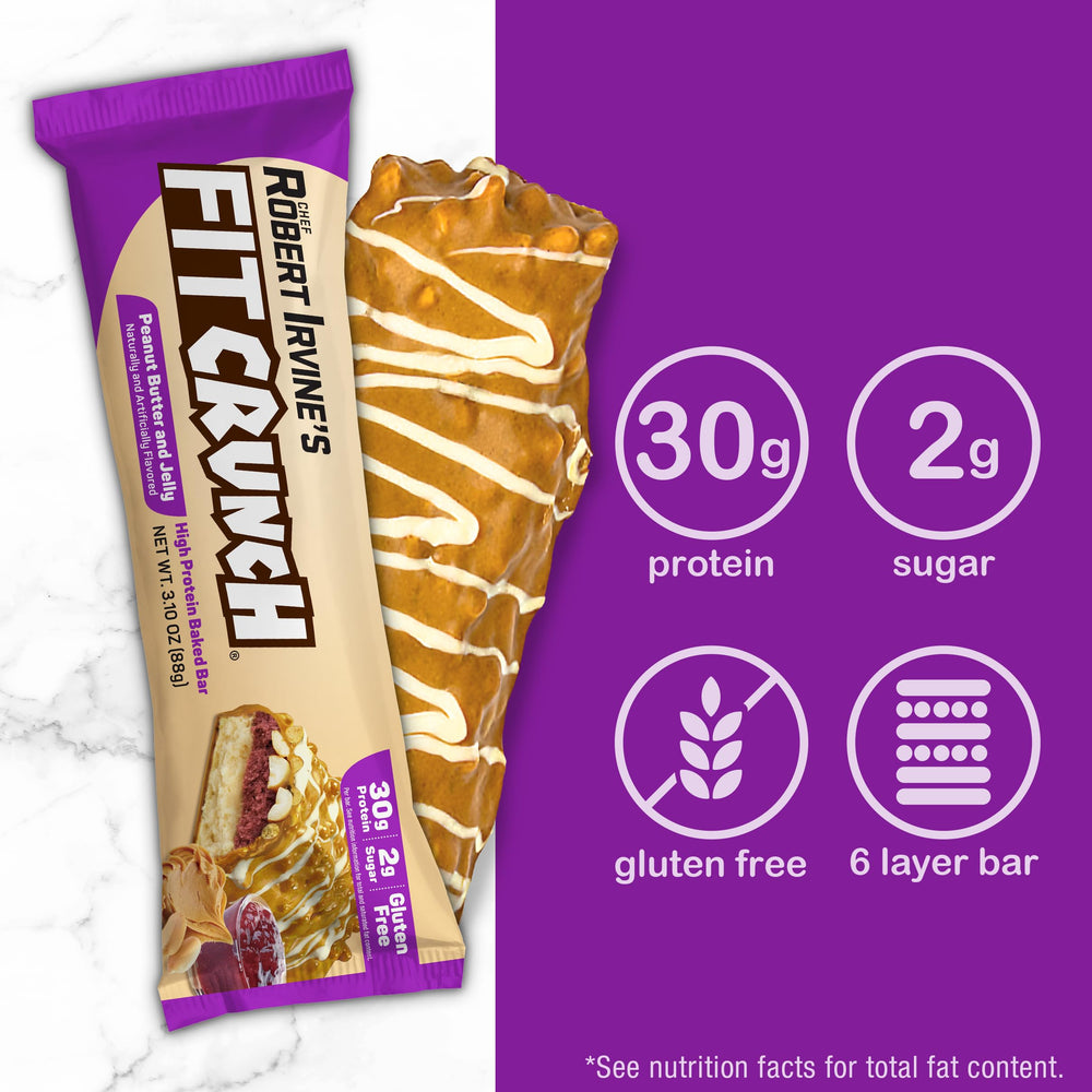 FITCRUNCH 6-layer baked bar on kitchen counter, gluten-free snack option.