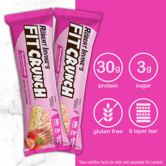 Fit Crunch gluten-free ingredient panel demonstrates clean nutrition with 30g protein per bar.