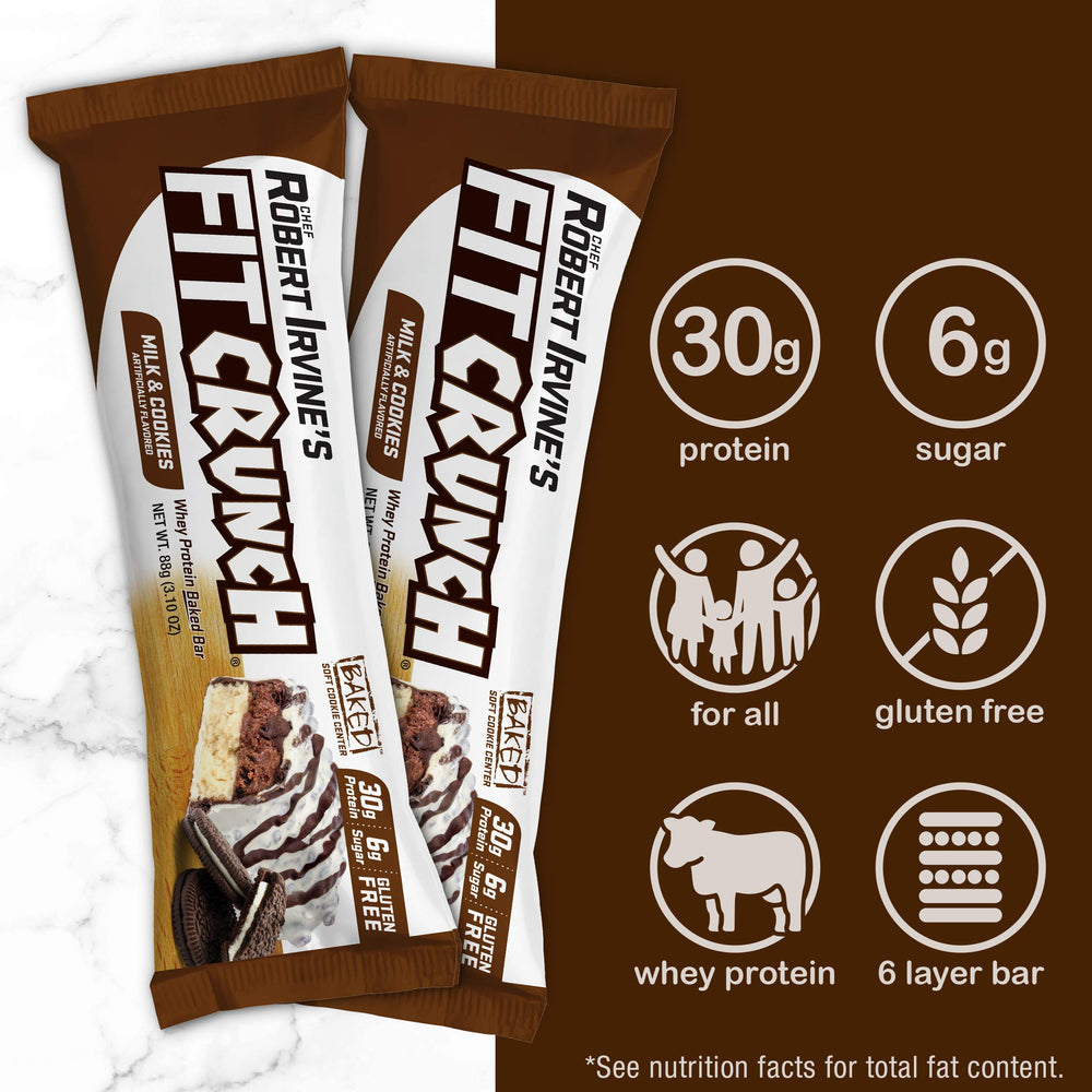 Fit Crunch six-layer baked bar close-up highlights texture and layered structure.