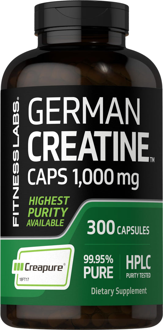 Fitness Labs Creatine Monohydrate Capsules bottle front shows purity and dosage for workouts