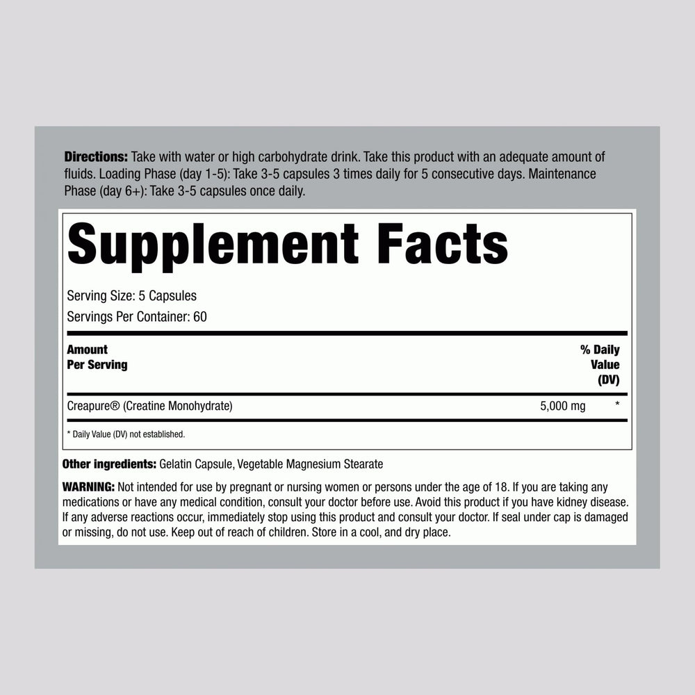 Fitness Labs Creatine Monohydrate Capsules bottle label highlights ingredients and non-GMO quality